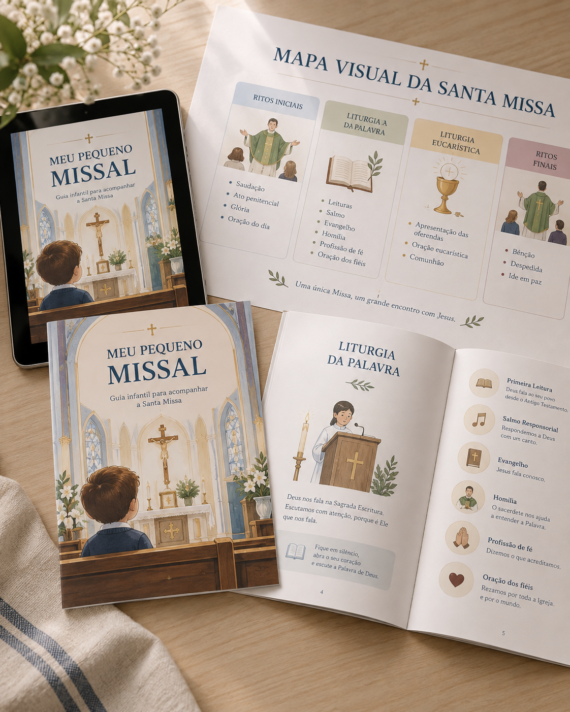 Conjunto digital imprimível Meu Pequeno Missal com pequeno missal, mapa visual, respostas e orações para a Santa Missa.