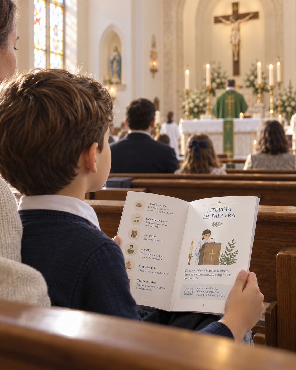 Criança usando o Meu Pequeno Missal durante a Santa Missa enquanto acompanha a celebração.